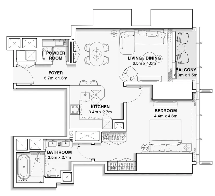 Burj Azizi 1 bed floor plan, 964 sqft