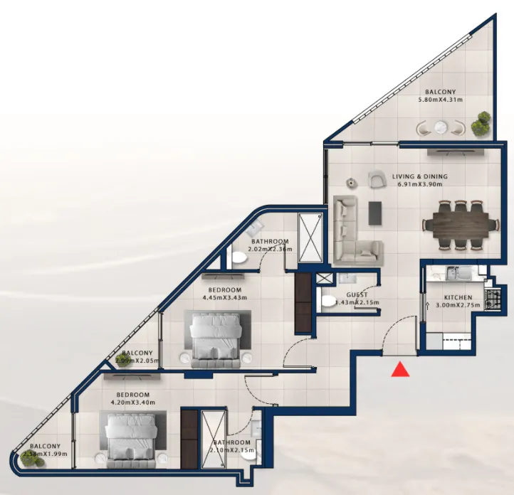 Asayel Avenue 2 bed floor plan, 1,286 sqft