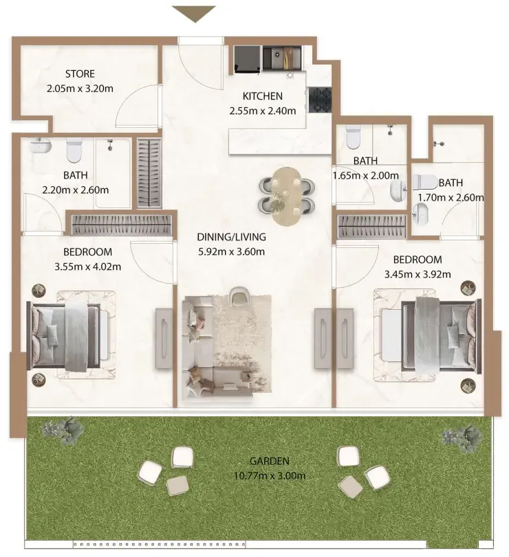 Veda by AUM Development 2 bed floor plan, 1,305 sqft