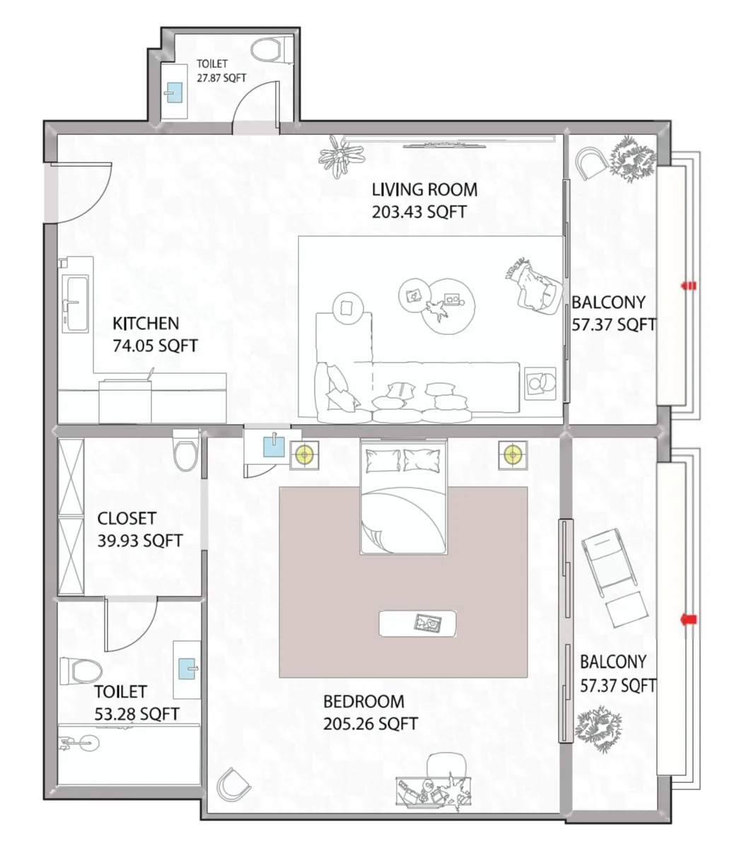 Ajman Creek Towers 1 bed floor plan, 1,088 sqft