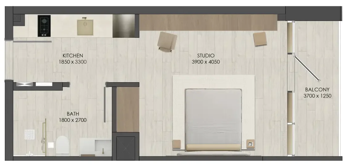 JAD 288 Studio floor plan, 391 sqft