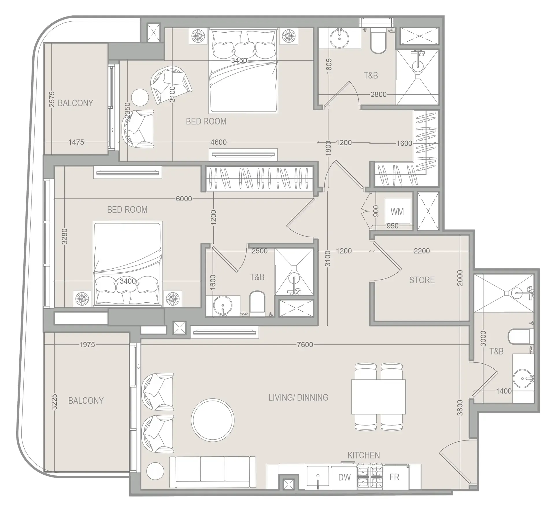 FLU1D ONE 2 bed floor plan, 1,131 sqft