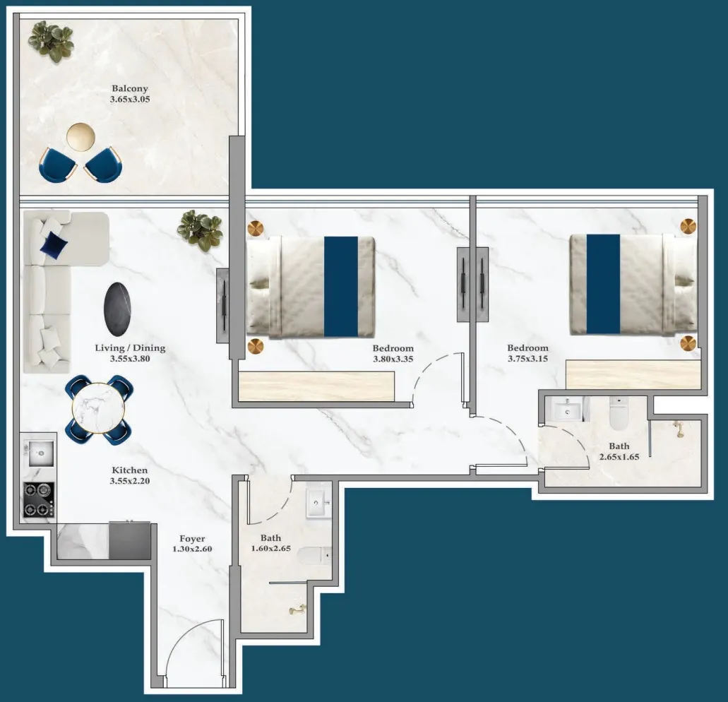 Timez 2 bed floor plan, 800 sqft