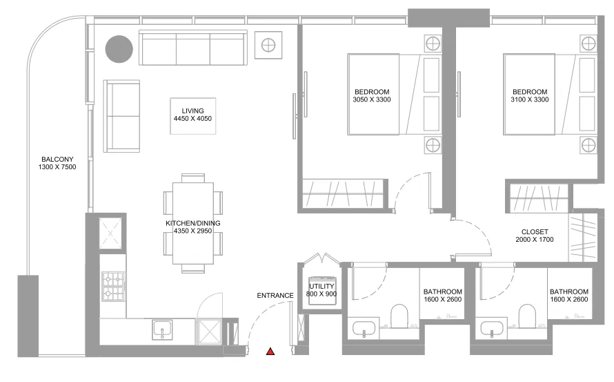 Starline Beach Residences 2 bed floor plan, 973 sqft