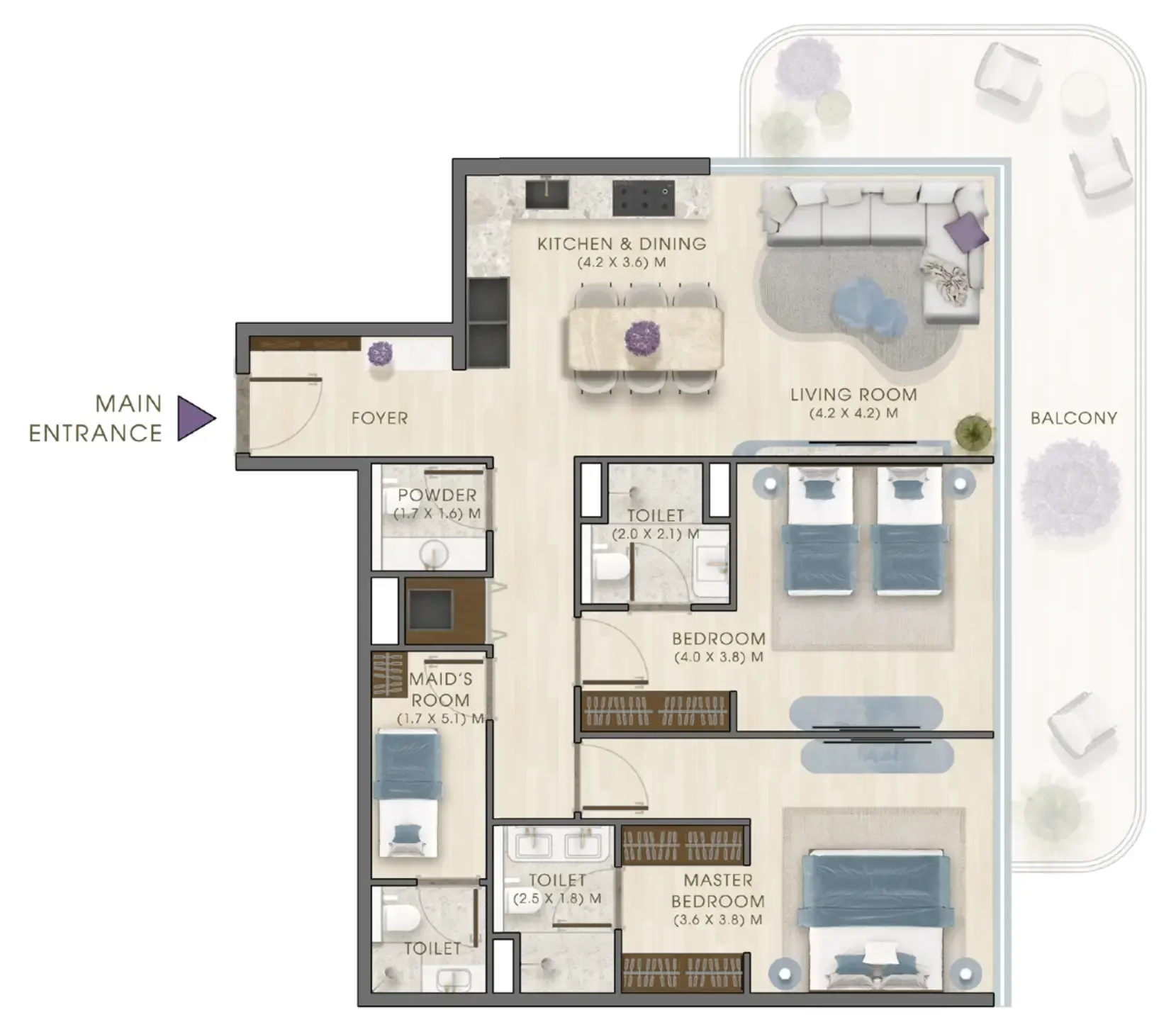 Kaia Residences 2 bed floor plan, 1,552 – 1,602 sqft