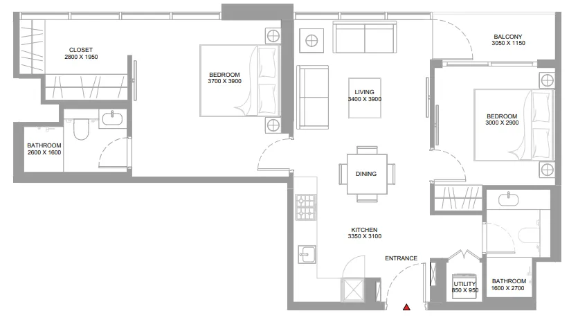Pristine Beach Residences 2 bed floor plan, 839 – 841 sqft