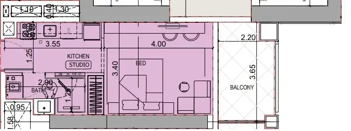 Binghatti Titania Studio floor plan, 399 sqft