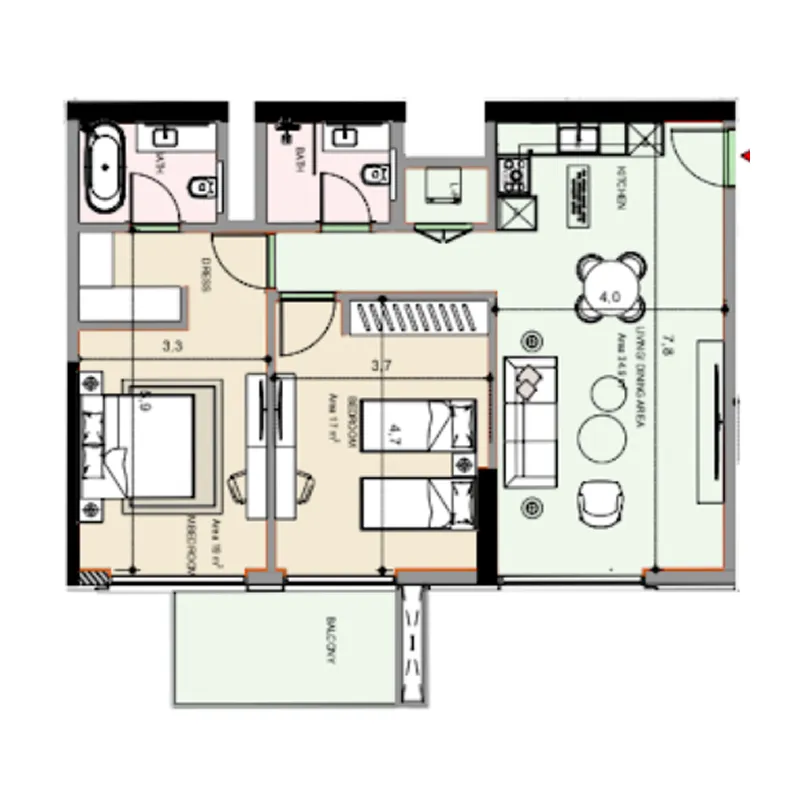 Edgewater Residences 1, 2 and 3 2 bed floor plan, 1,869 sqft