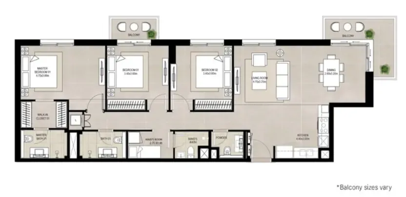 Fiori Residences 3 bed floor plan, 1,432 sqft