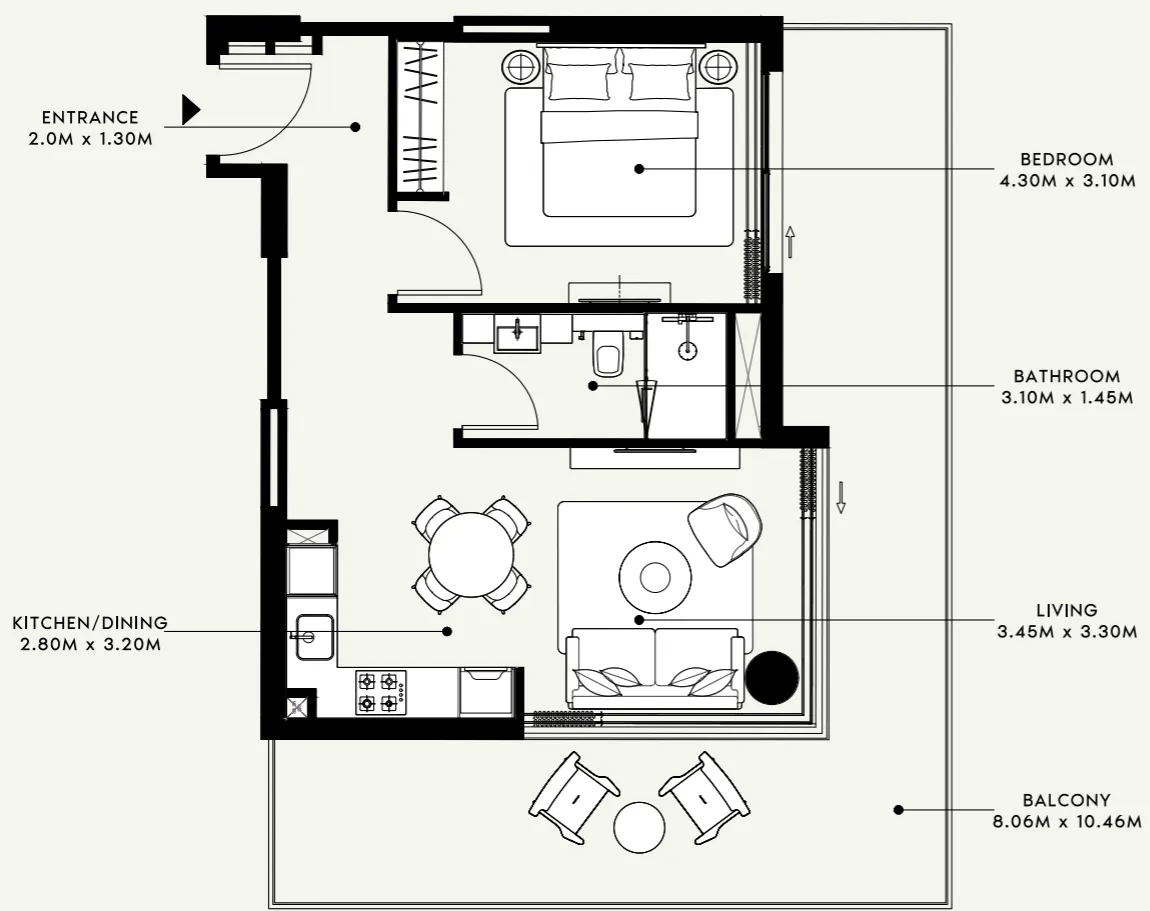 Azizi Venice 1 bed floor plan, 884 sqft