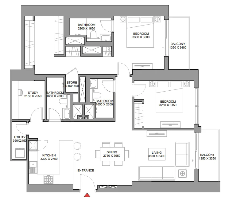 360 Riverside Crescent 2 bed floor plan, 1,461 sqft