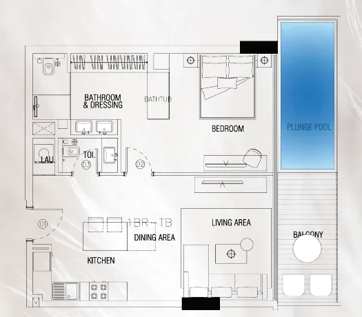 Sky Suites 1 bed floor plan, 883 sqft