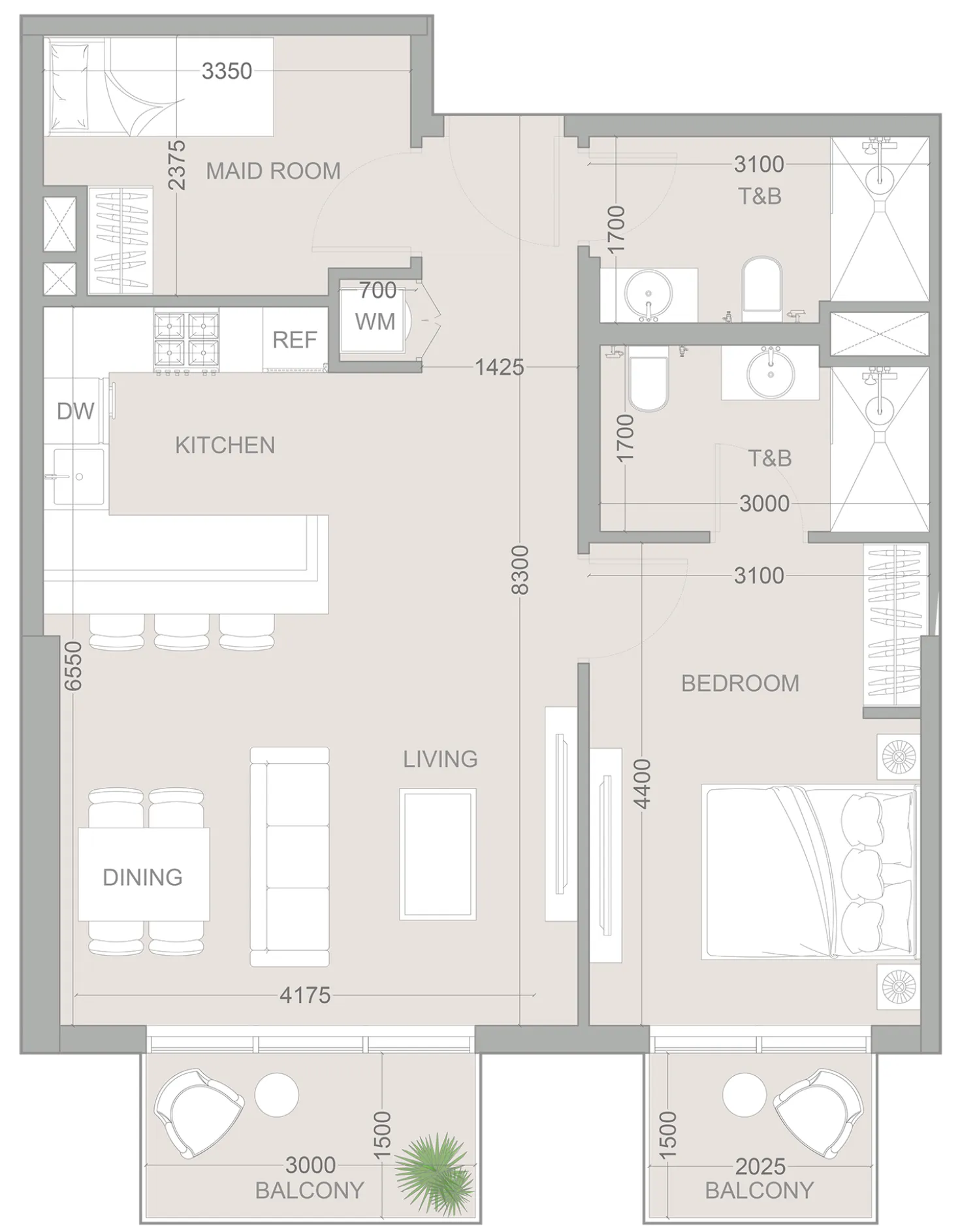 1WOOD Residence 2 1 bed floor plan, 860 sqft