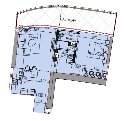 Binghatti Aquarise 1 bed floor plan, 881 sqft