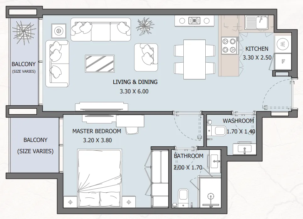 Verdana Residence 2 1 bed floor plan, 601 – 639 sqft