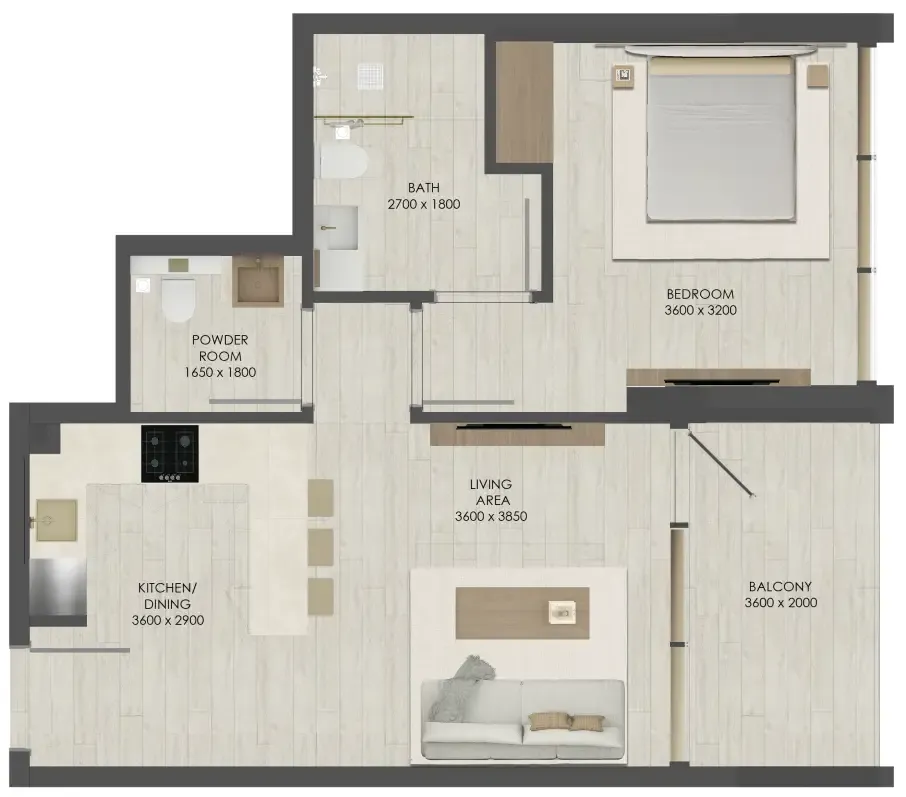 JAD 288 1 bed floor plan, 671 sqft