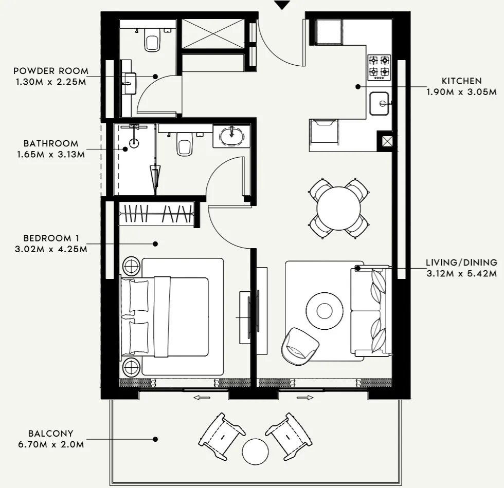 Azizi Venice 1 bed floor plan, 760 sqft