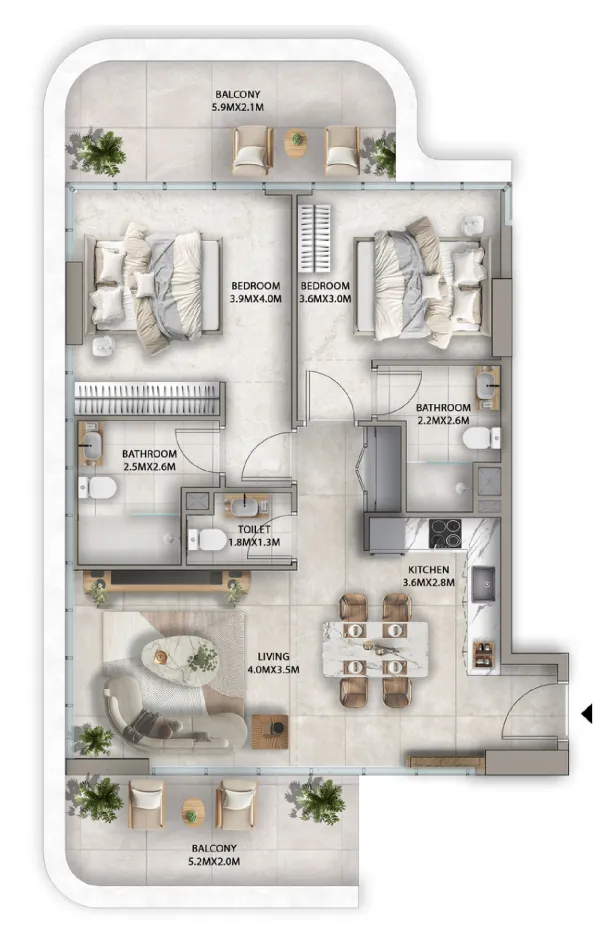 Antalya 2 bed floor plan, 1,180 sqft