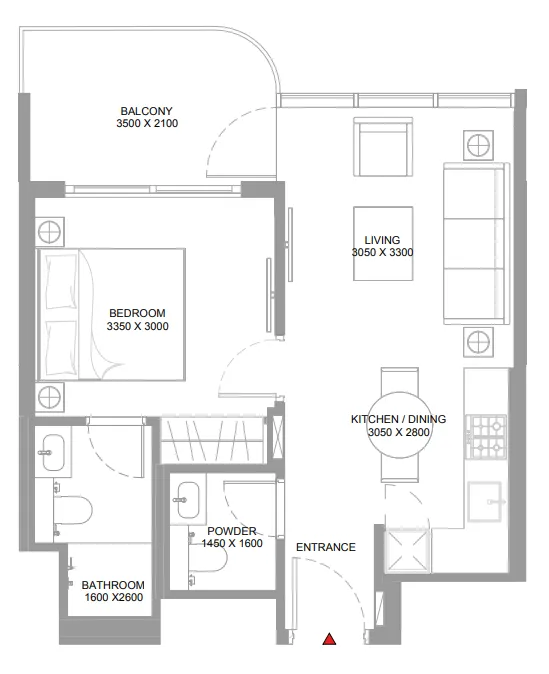 Pierside Marina Residences 1 bed floor plan, 545 sqft