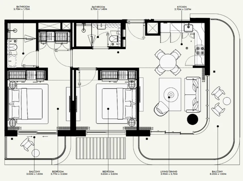 Azizi Venice 2 bed floor plan, 1,108 sqft