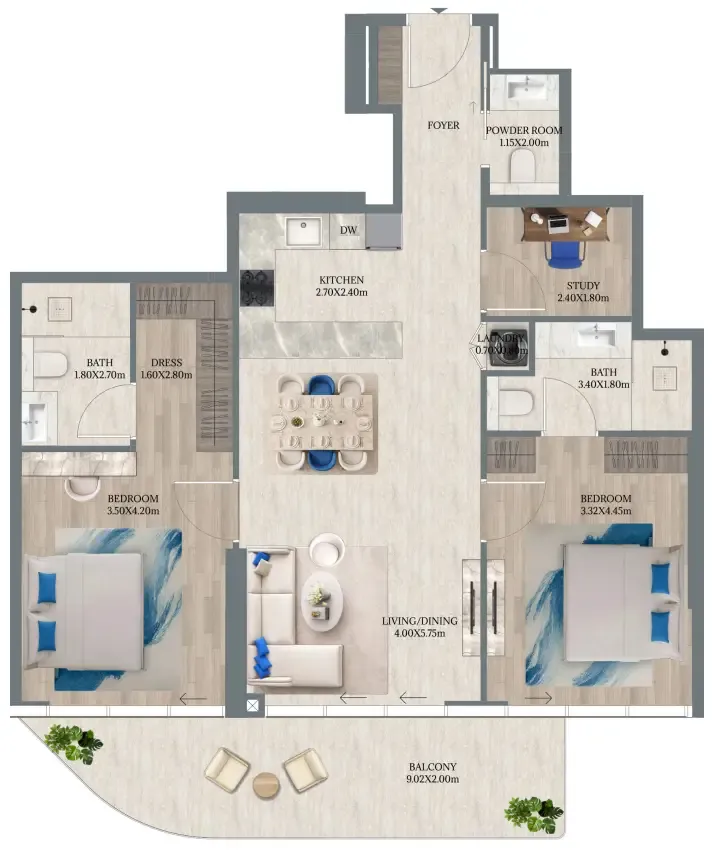 Maravea Residences 2 bed floor plan, 1,225 sqft