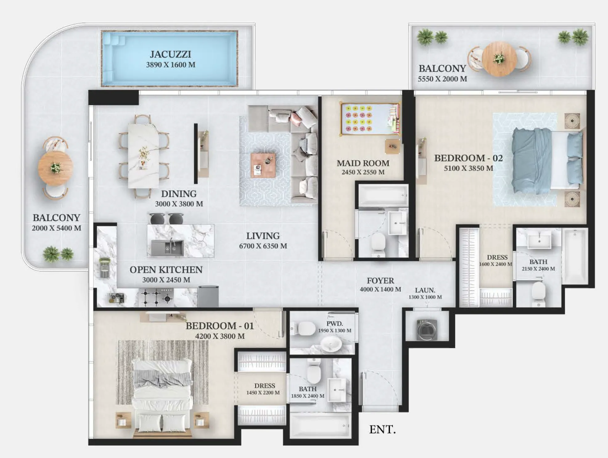 Wellington Ocean 2 bed floor plan, 1,831 sqft