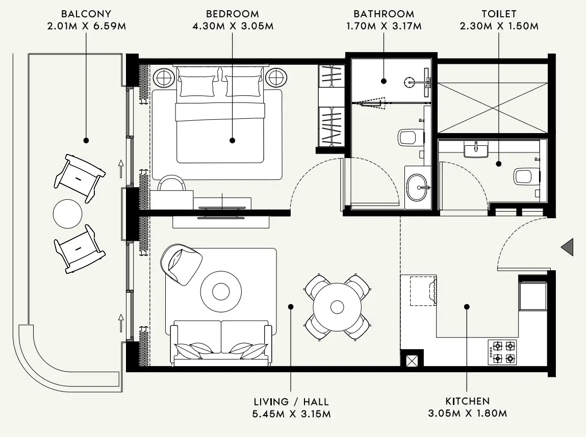 Azizi Venice 1 bed floor plan, 736 sqft