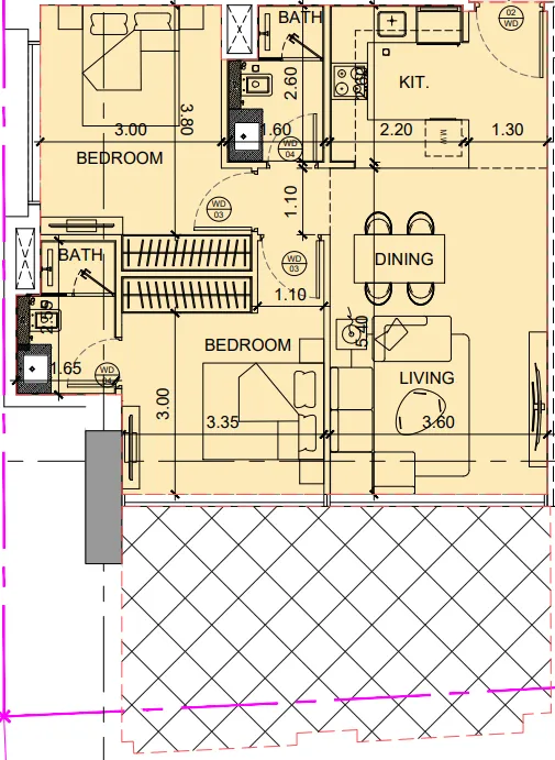 Binghatti Twilight 2 bed floor plan, 1,074 sqft