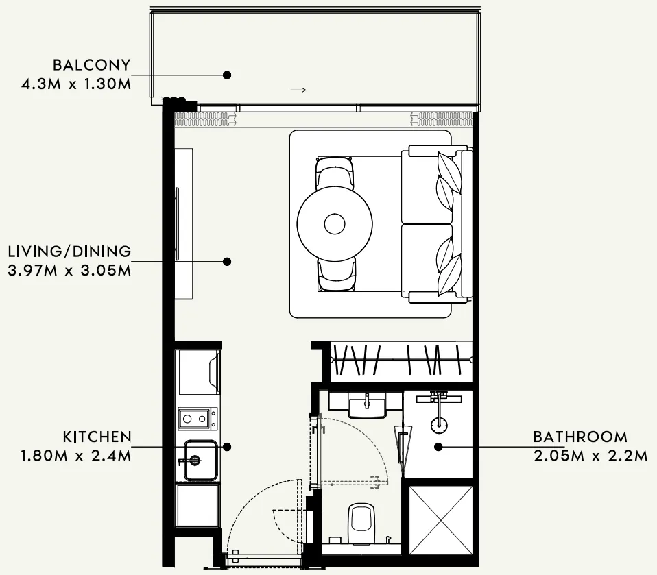 Azizi Milan Studio floor plan, 326 – 328 sqft