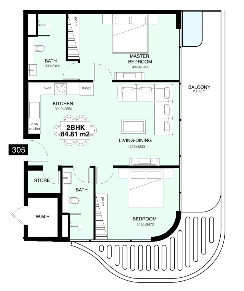 Villa Del Gavi 2 bed floor plan, 1,077 sqft