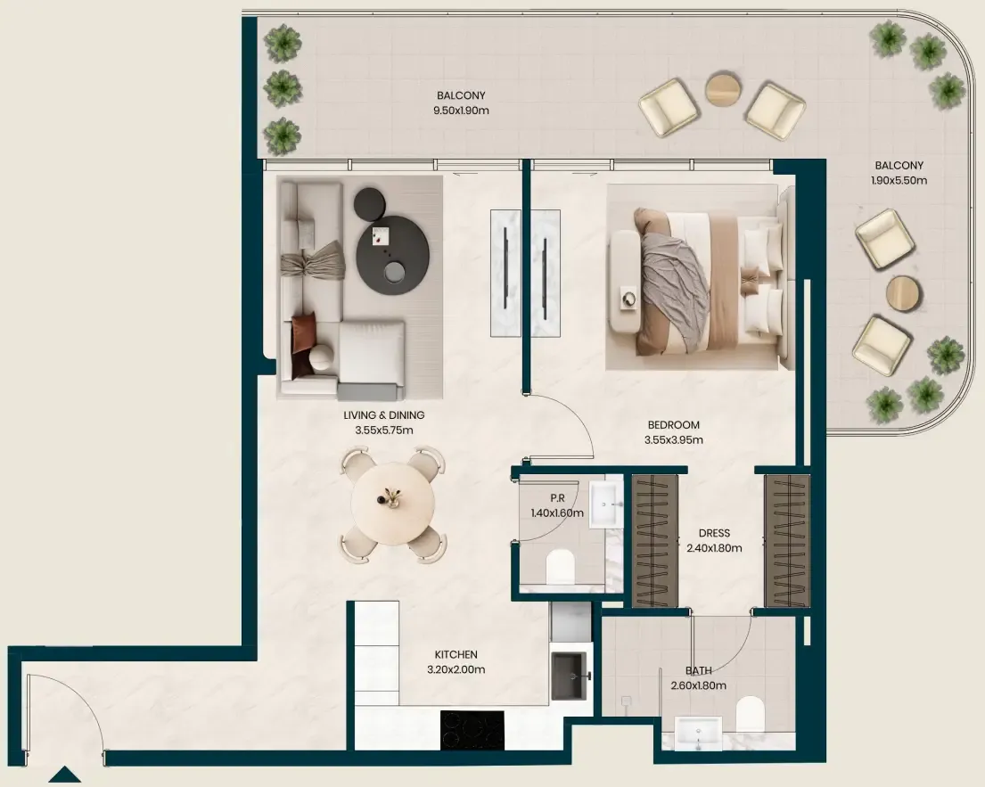 Kyomi Residences 1 bed floor plan, 973 sqft