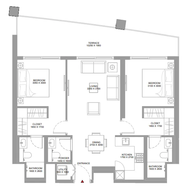 Pierside Marina Residences 2 bed floor plan, 1,080 sqft