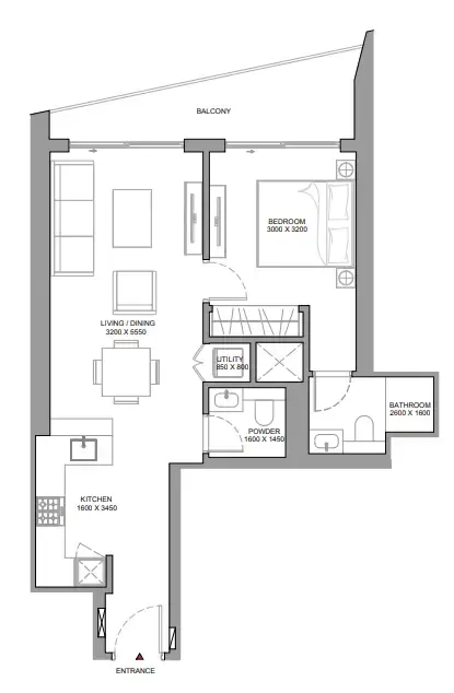 The Serene at Sobha Central 1 bed floor plan, 743 sqft