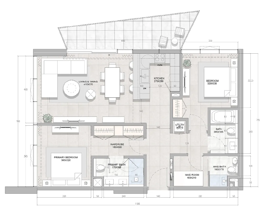 Solera Downtown Mina 2 bed floor plan, 1,216 – 1,228 sqft