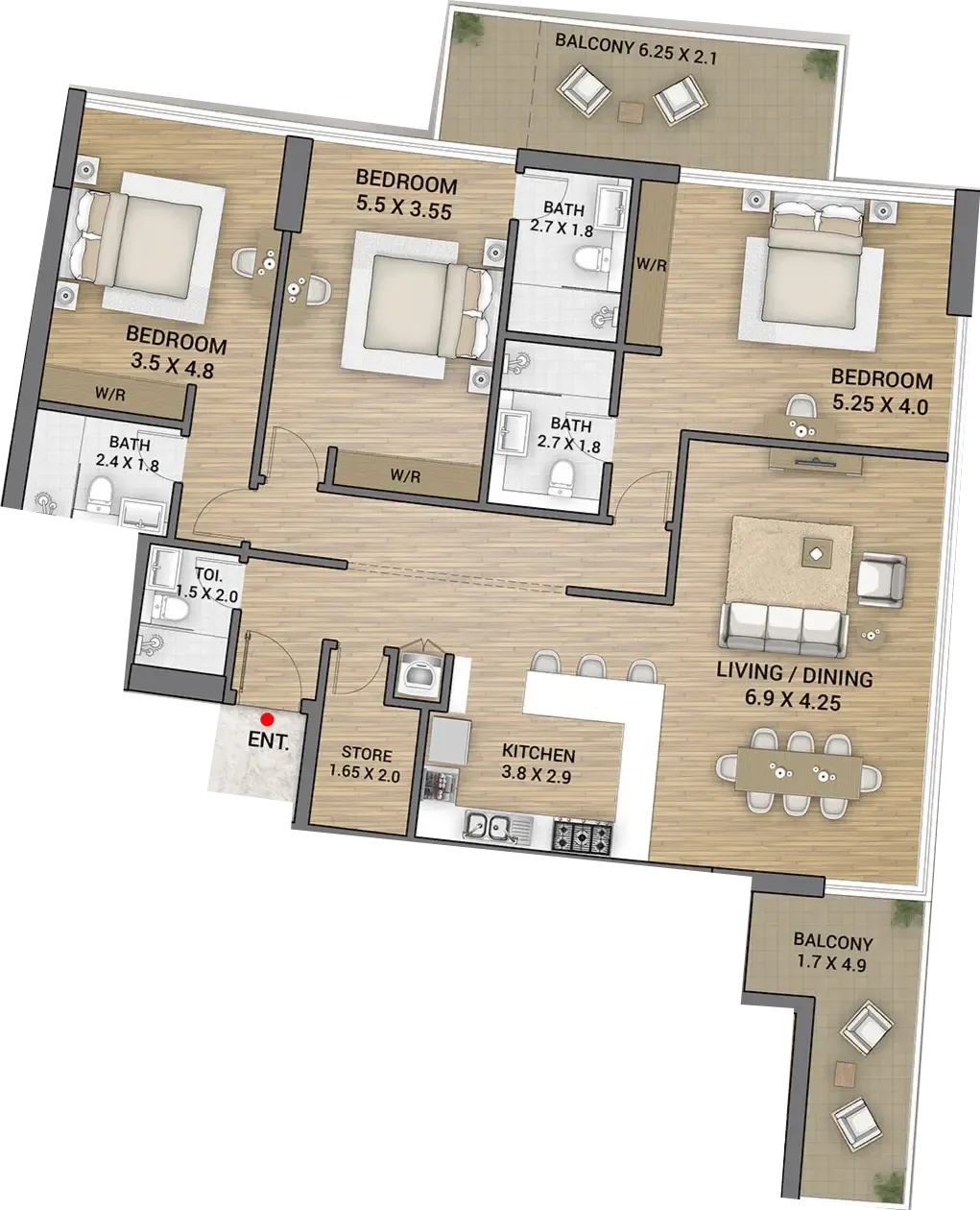 Ocean Tower 3 bed floor plan, 1,896 sqft