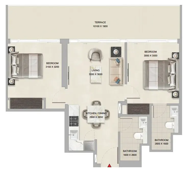 Tranquil Beach Residences 2 bed floor plan, 873 sqft