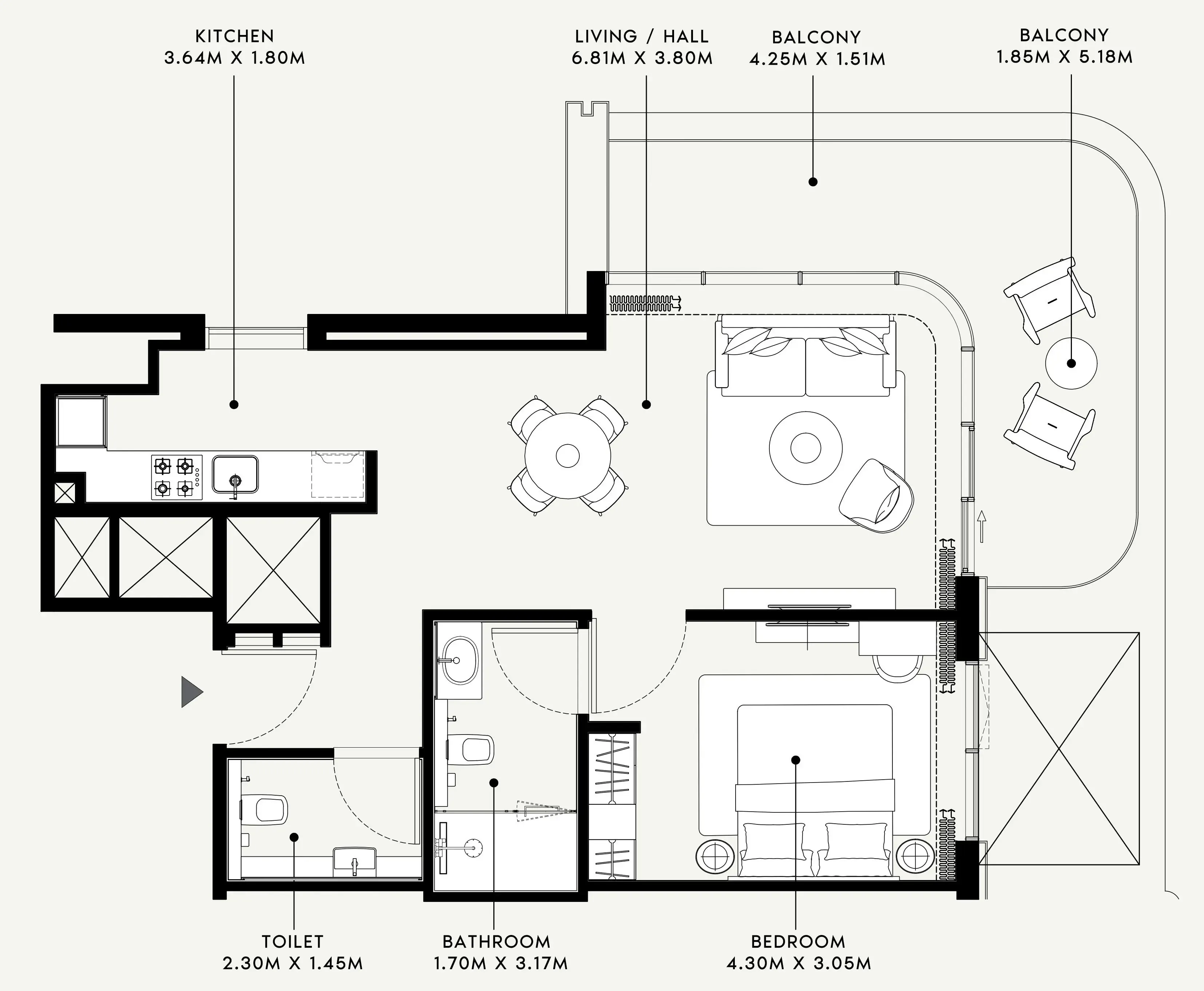 Azizi Venice 1 bed floor plan, 736 – 876 sqft