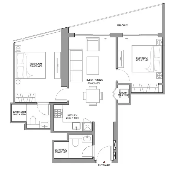 The Serene at Sobha Central 2 bed floor plan, 852 – 853 sqft