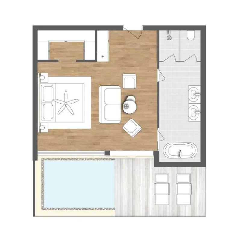 Radisson Resort Maldives 1 bed floor plan, 807 sqft