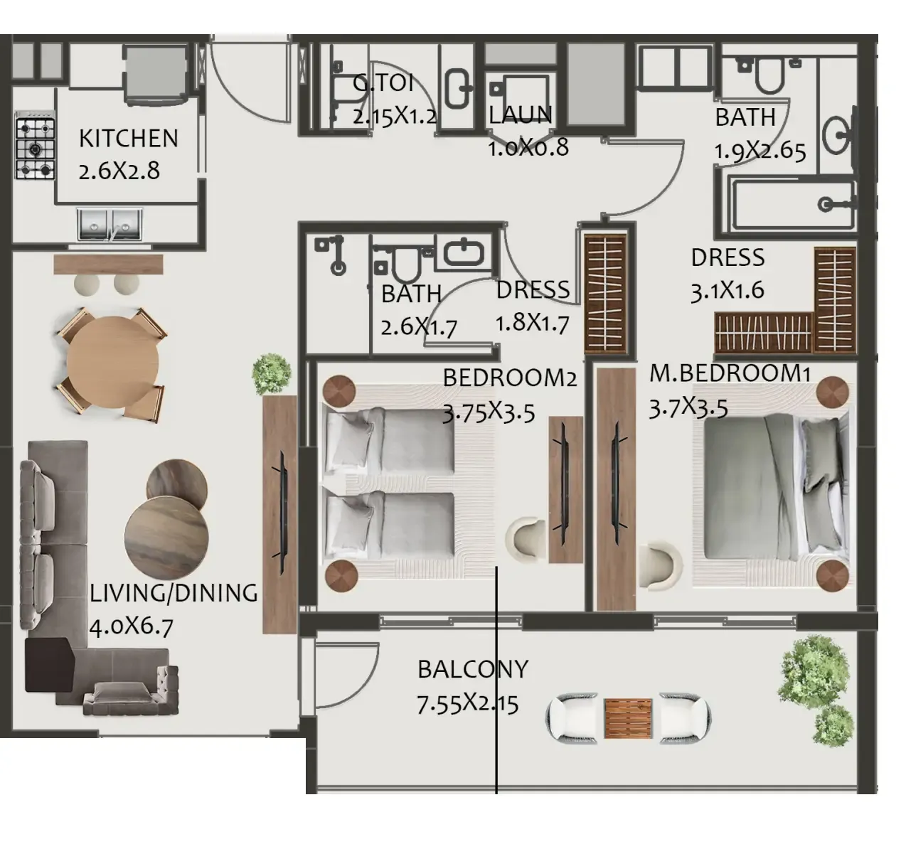 Hillside Residences 2 bed floor plan, 1,308 sqft