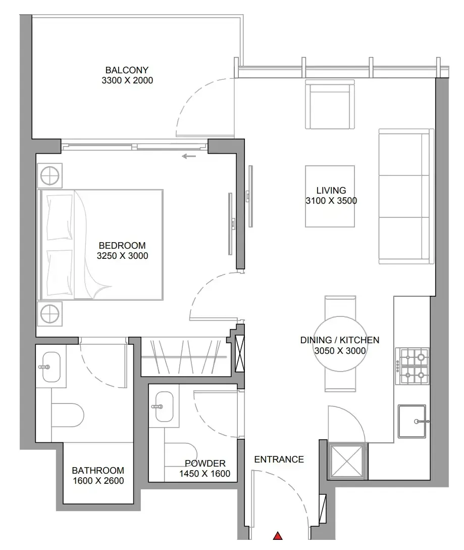 Sobha Aquamont 1 bed floor plan, 556 sqft