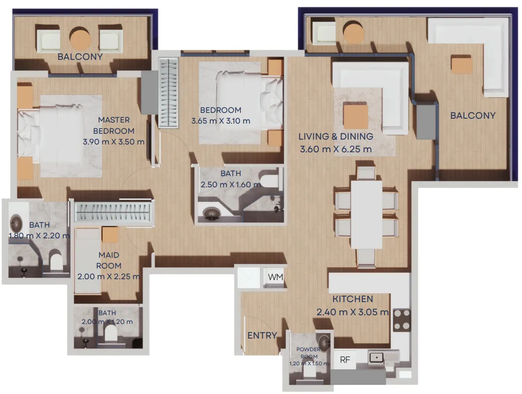 Manam Pearl 2 bed floor plan, 1,246 sqft