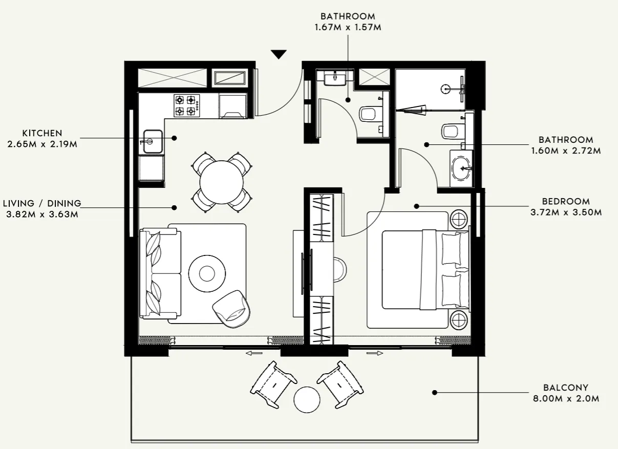Azizi Venice 1 bed floor plan, 724 sqft