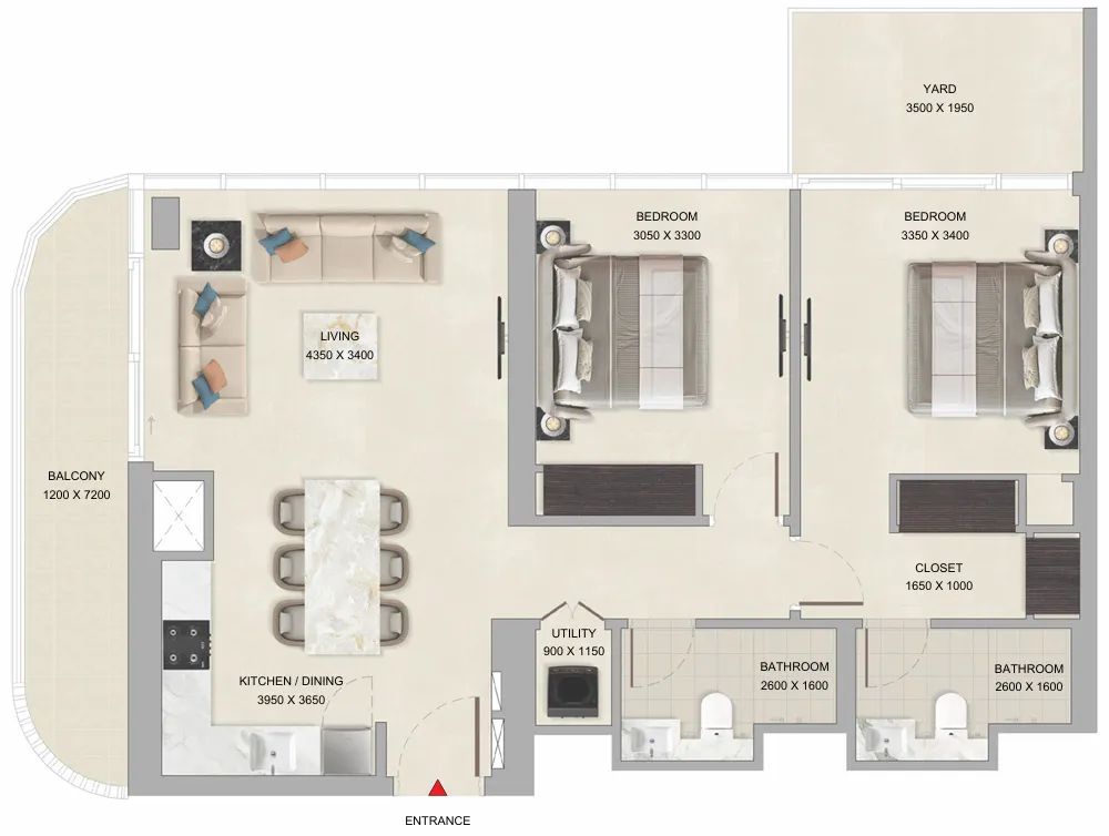 Tranquil Beach Residences 2 bed floor plan, 1,065 sqft
