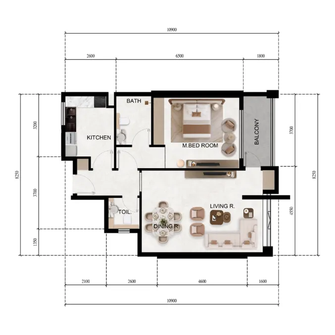 Lily Tower 1 bed floor plan, 829 sqft