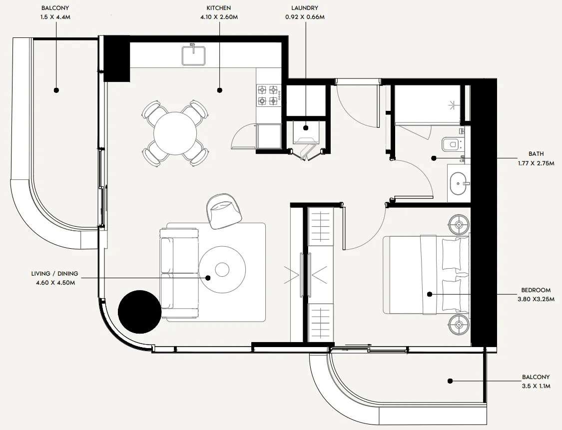 Azizi Milan 1 bed floor plan, 739 sqft