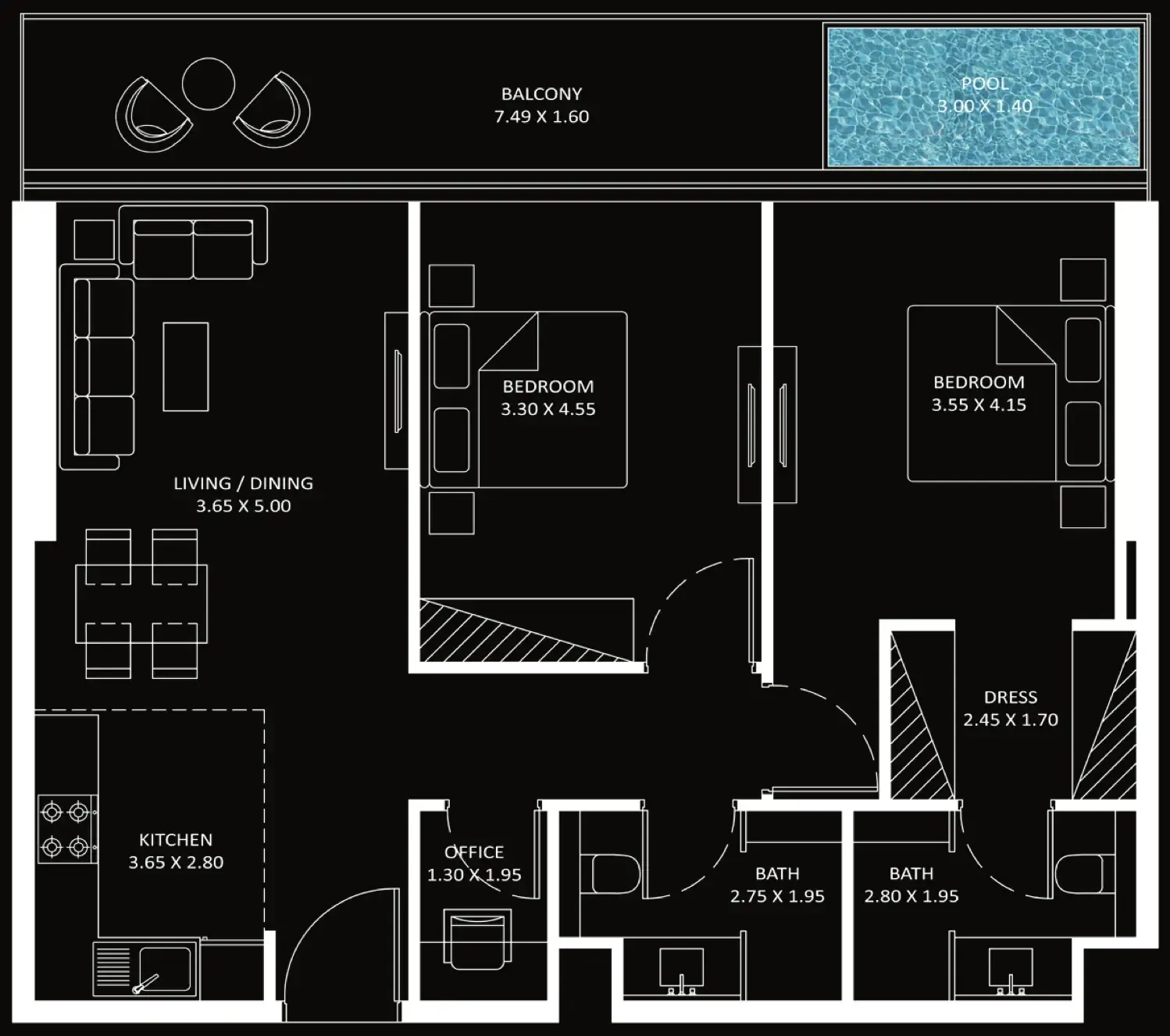 Bayz 101 2 bed floor plan, 1,054 sqft