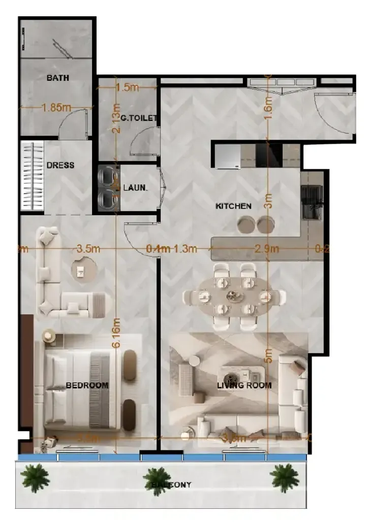 Radiant Terrace 1 bed floor plan, 951 sqft