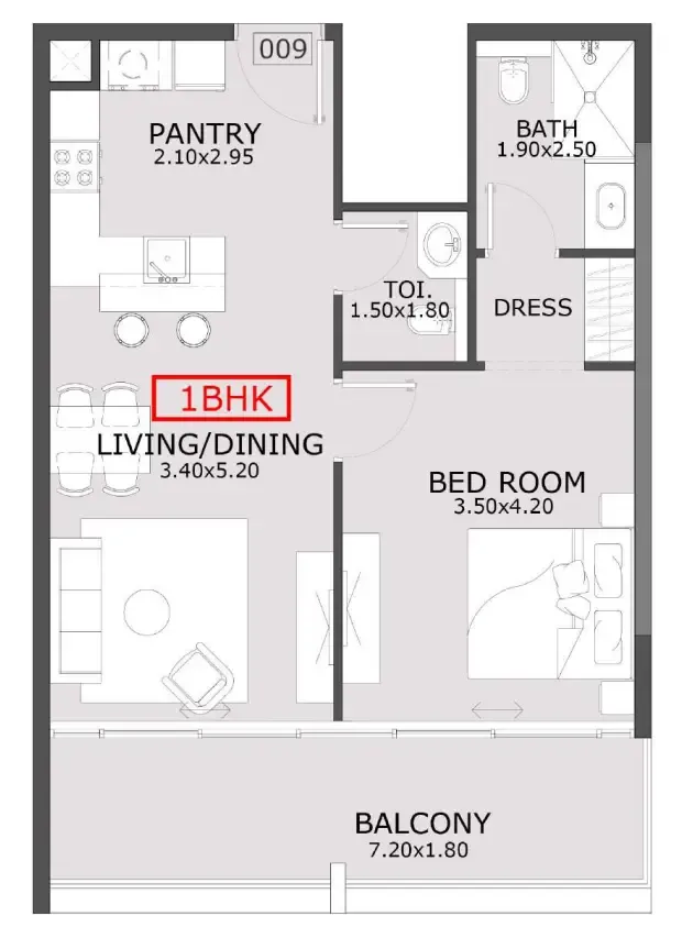 Azra Residence 1 bed floor plan, 753 sqft