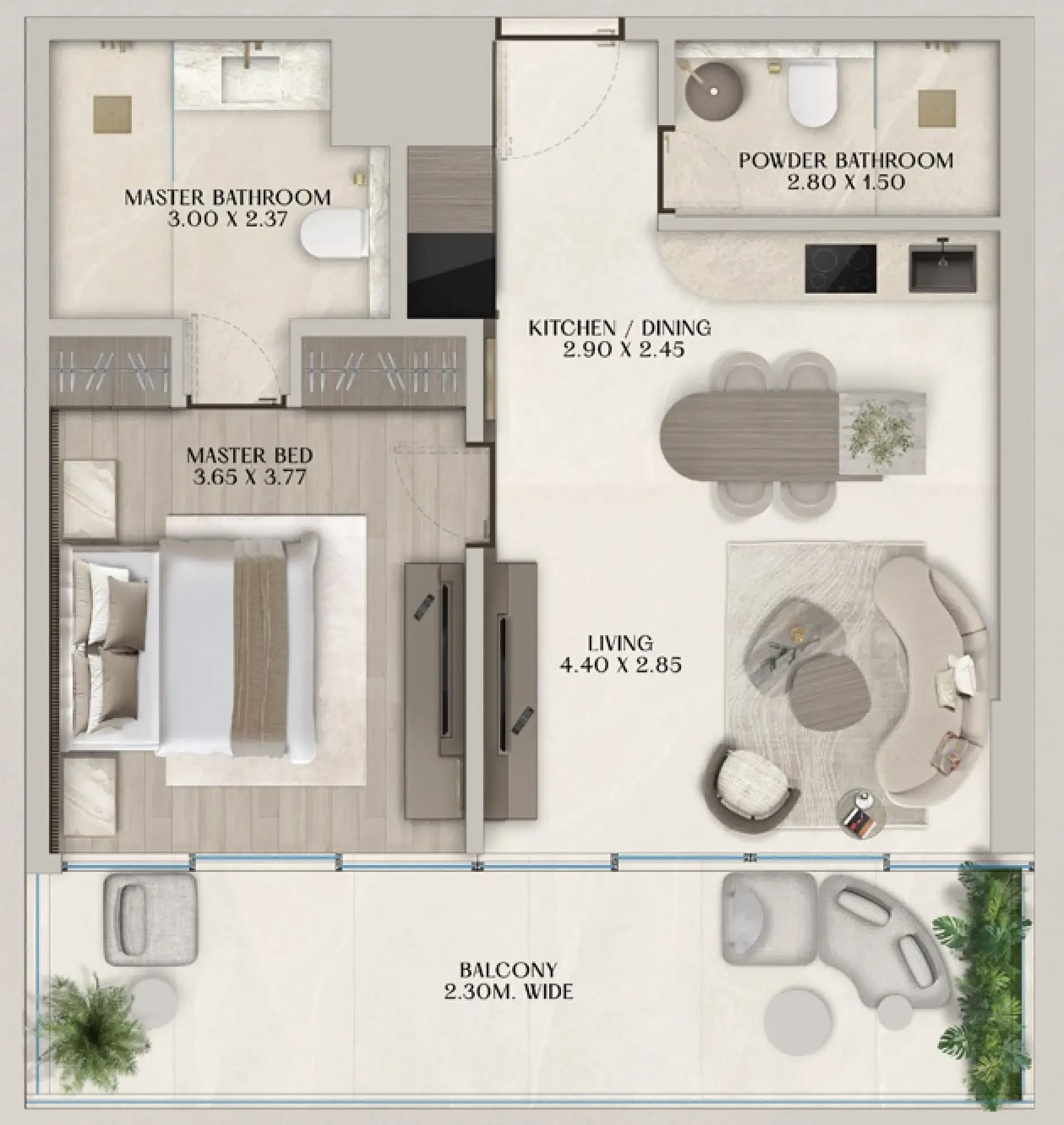 Soléva Beach Residences 1 bed floor plan, 828 sqft